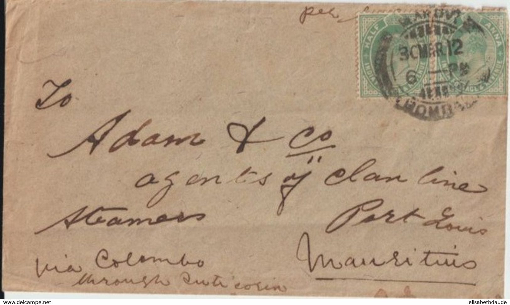 1912 - INDIA - ENVELOPPE De BOMBAY => PORT LOUIS (MAURITIUS) ! Via COLOMBO - 1902-11 Roi Edouard VII