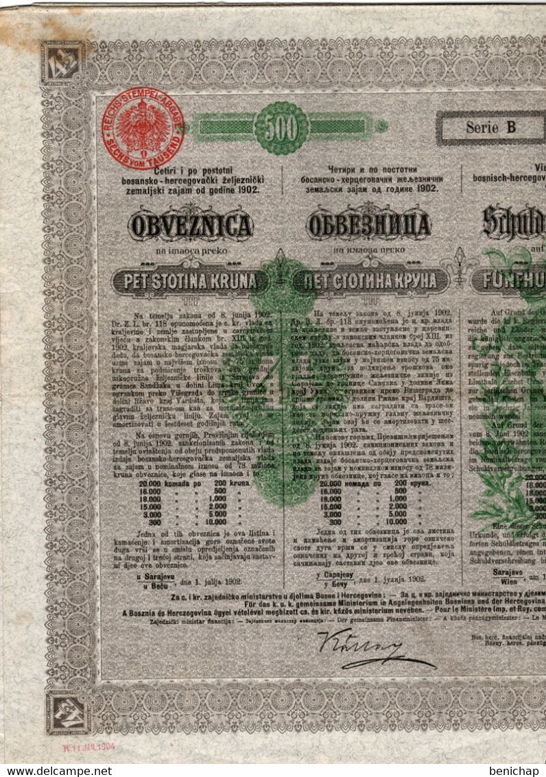 Bosnie - Herzégovine Gouvernement - Obligation Au Porteur De 500 Frs Série B - Chemins De Fer - Sarajèvo  1902 - Bank En Verzekering