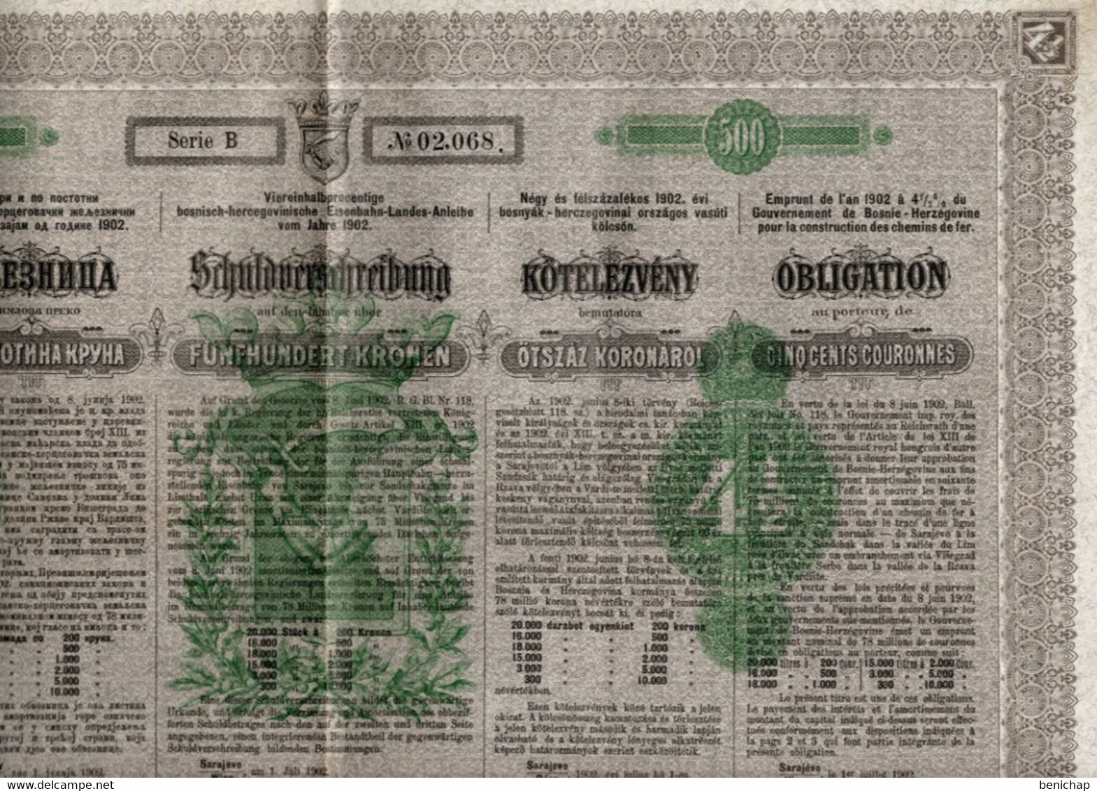 Bosnie - Herzégovine Gouvernement - Obligation Au Porteur De 500 Frs Série B - Chemins De Fer - Sarajèvo  1902 - Bank En Verzekering