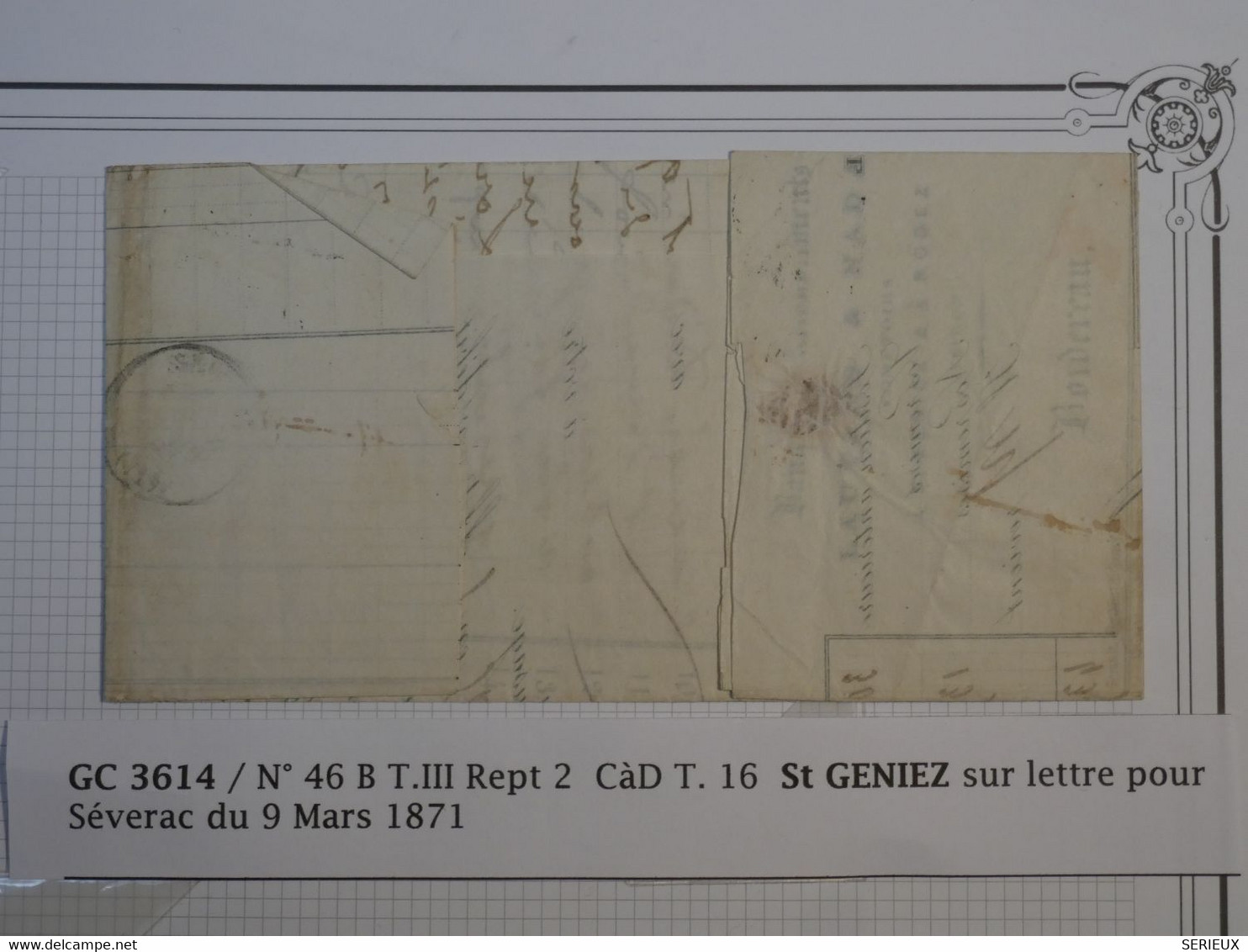 BM3 FRANCE BELLE  LETTRE 1871 ST GENIEZ POUR SEVERAC  +EMMISSION BORDEAUX  N° 46B +AFFRANC. INTERESSANT - 1870 Emission De Bordeaux