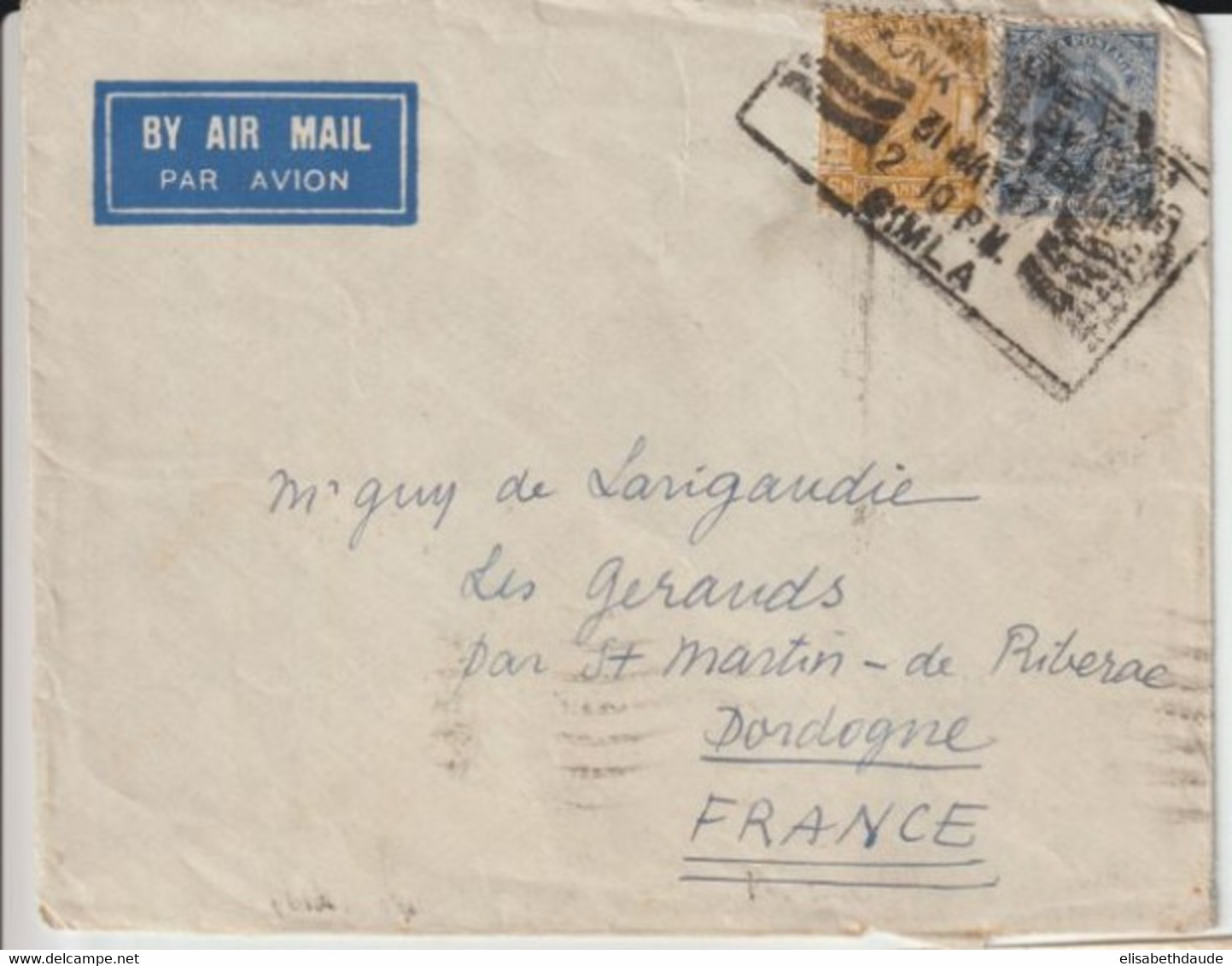 1937 - INDIA - ENVELOPPE De SIMLA - OBLITERATION ! => ST MARTIN DE RIBERAC (DORDOGNE) - 1911-35 Roi Georges V