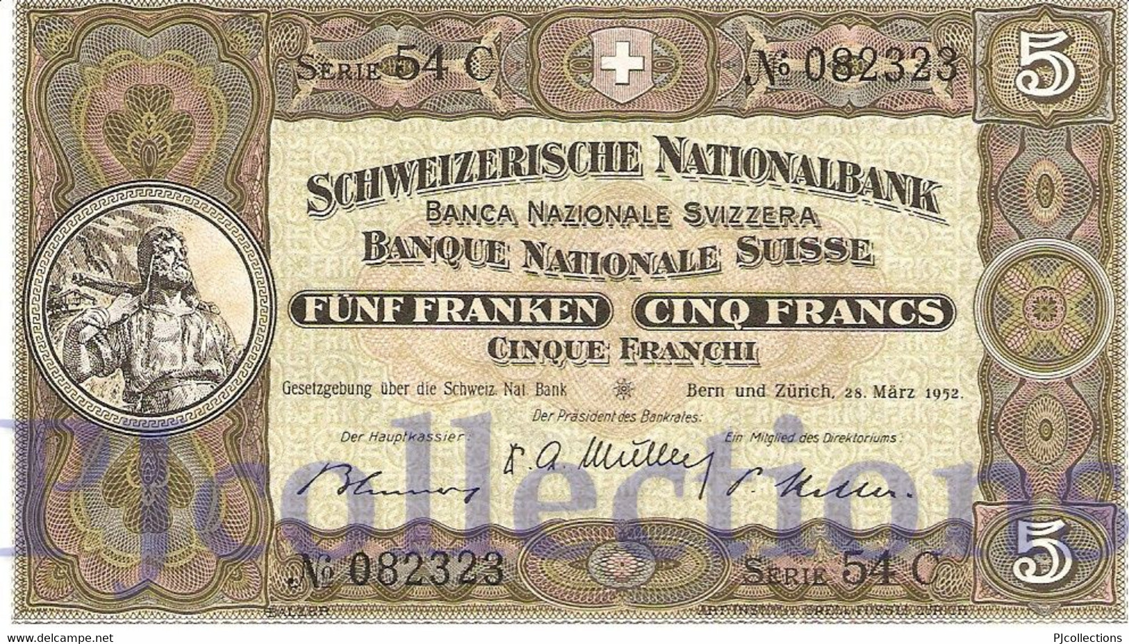 SWITZERLAND 5 FRANKEN 1952 PICK 11p UNC - Suisse
