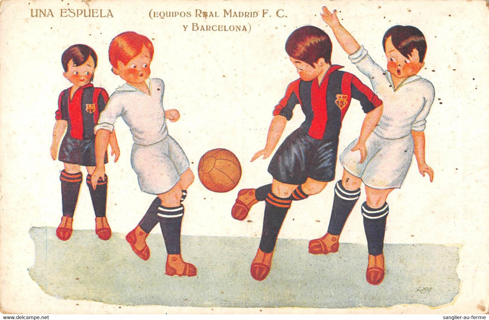 CPA ILLUSTRATEUR HERTOGS ESPAGNE FOOTBALL EQUIPOS REAL MADRID F.C.Y  BARCELONA UNA ESPUELA - Barcelona