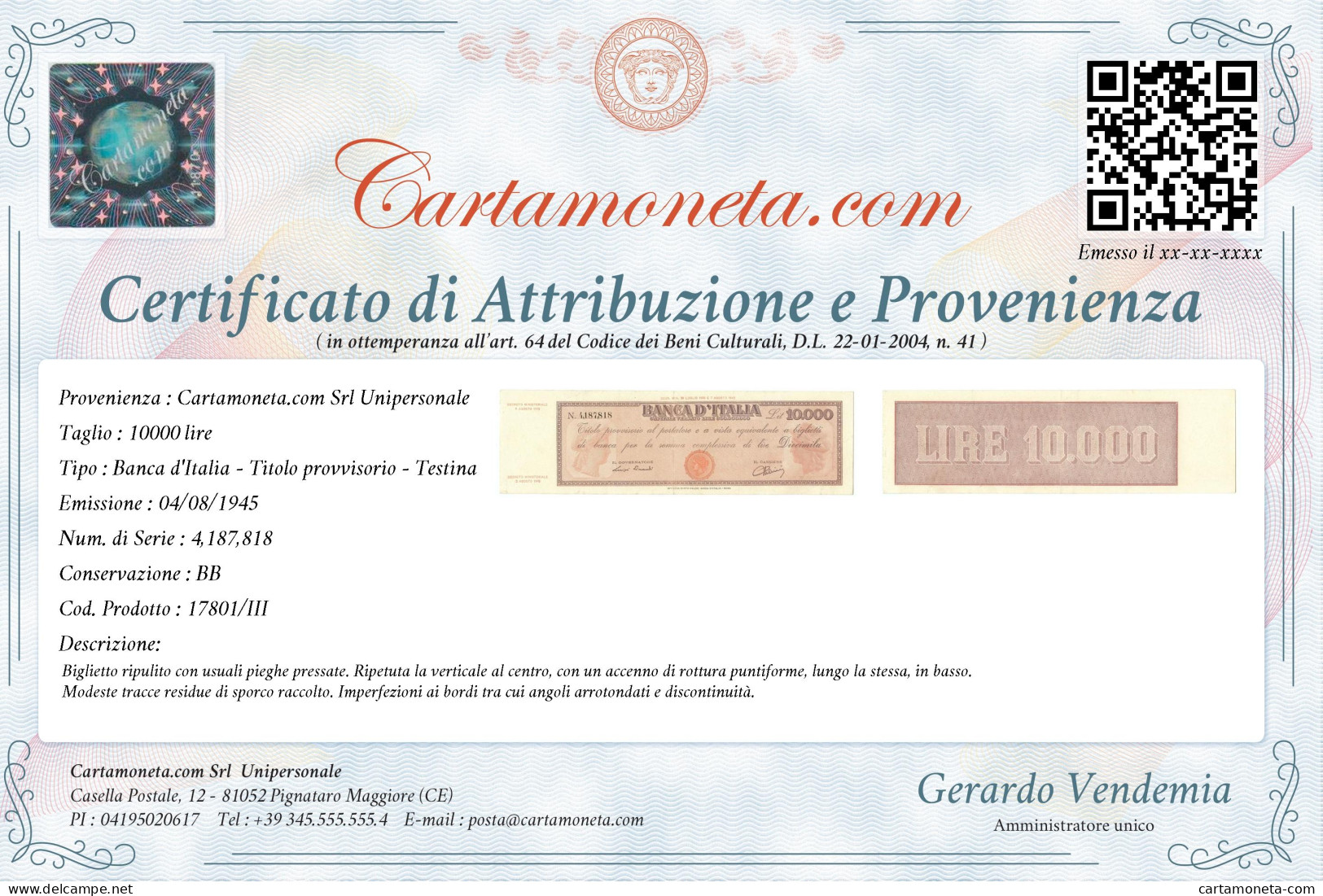 10000 LIRE TITOLO PROVVISORIO TESTINA LUOGOTENENZA UMBERTO 04/08/1945 BB - Regno D'Italia – Autres