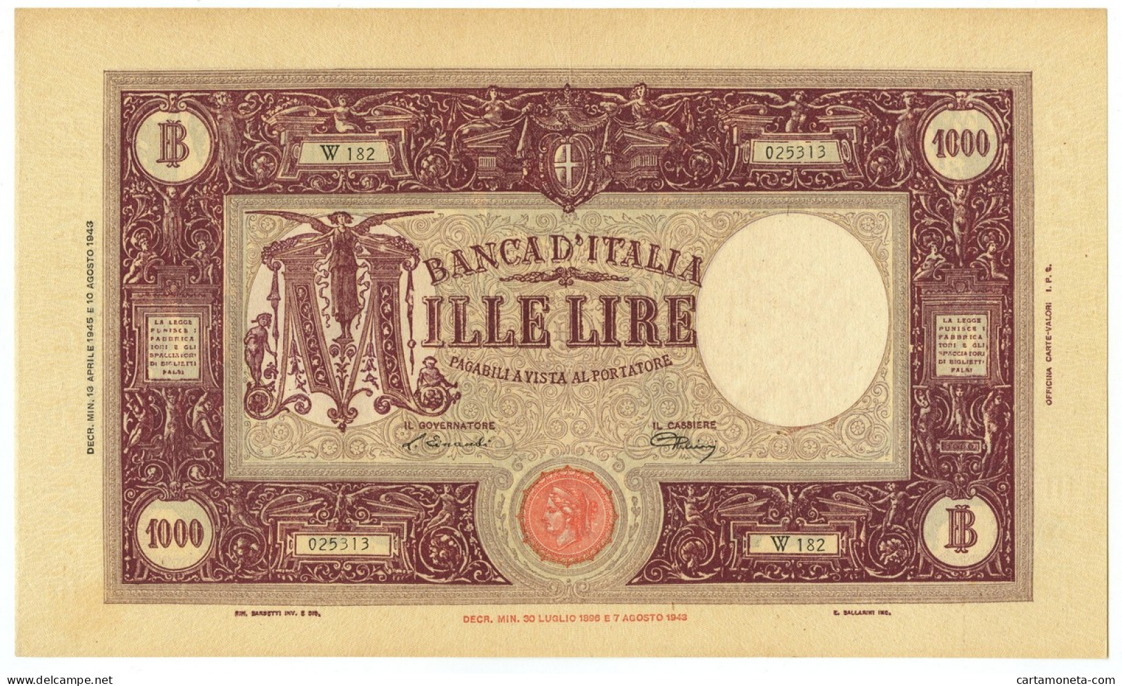 1000 LIRE BARBETTI GRANDE M TESTINA RETRO BI LUOGOTENENZA 13/04/1945 SUP - Regno D'Italia – Other