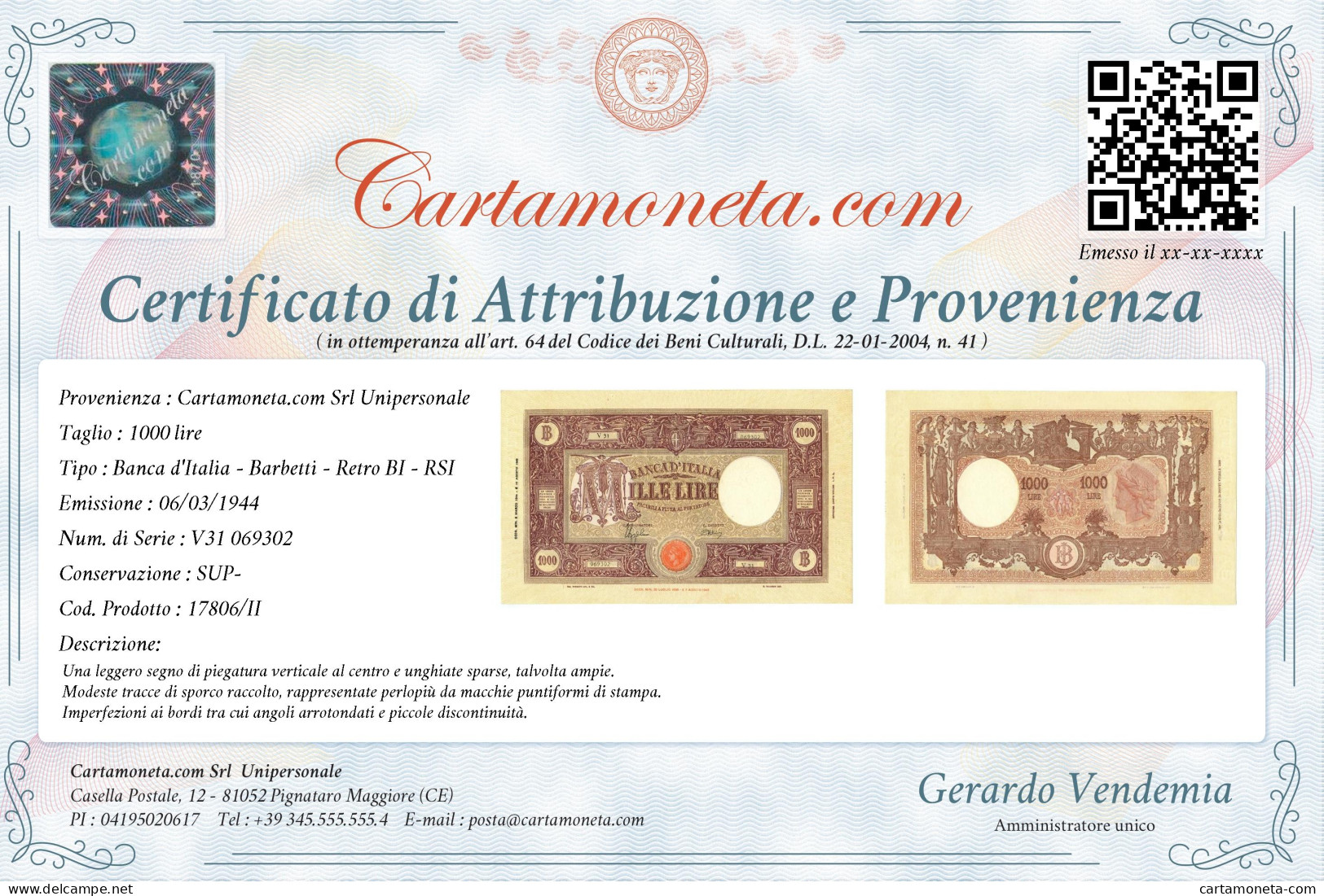 1000 LIRE BARBETTI GRANDE M TESTINA RETRO BI RSI 06/03/1944 SUP- - Regno D'Italia – Autres