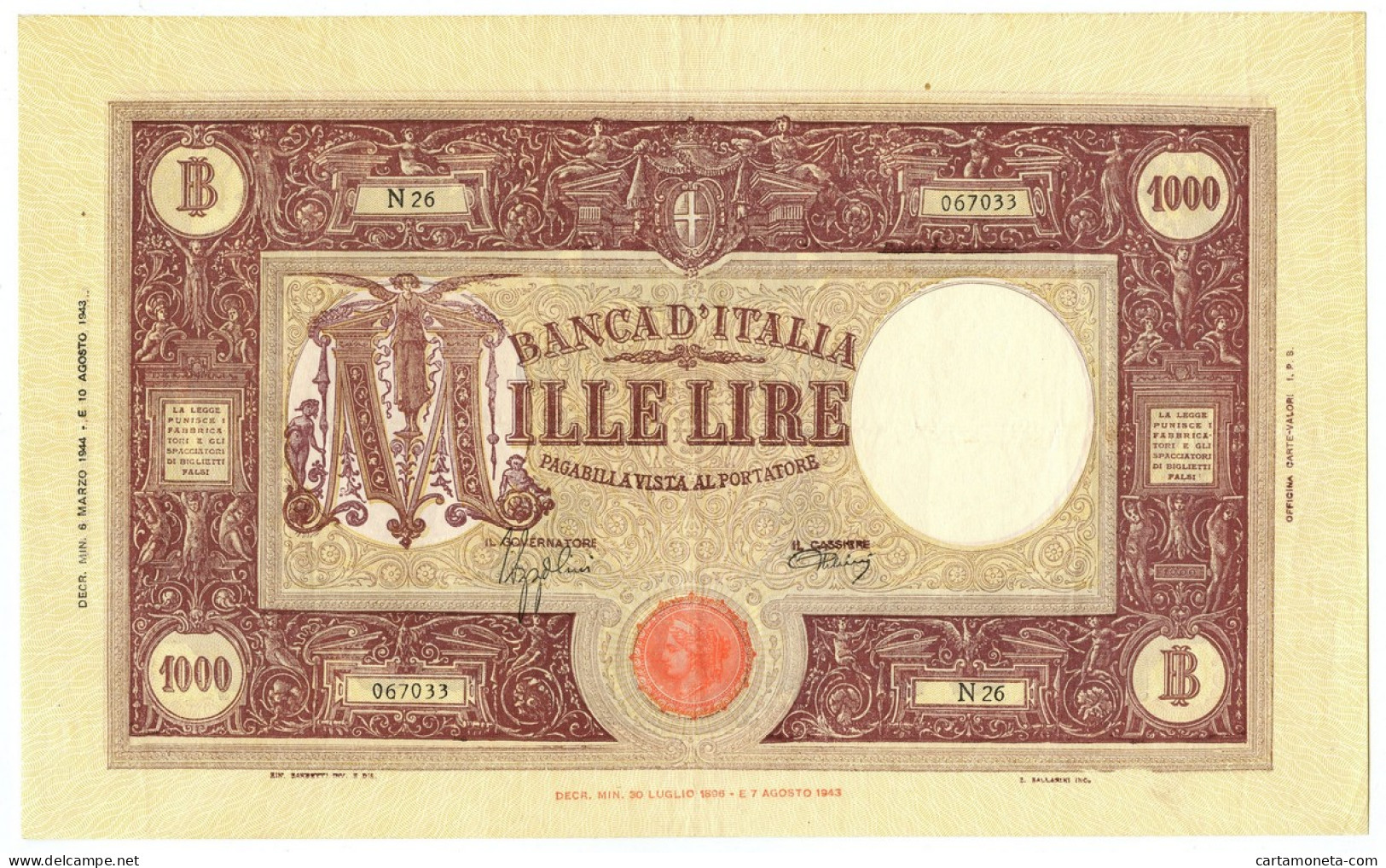 1000 LIRE BARBETTI GRANDE M TESTINA RETRO BI RSI 06/03/1944 BB+ - Andere