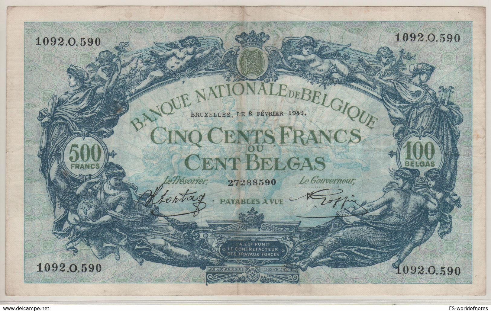 BELGIUM   500 Francs- 100 Belgas P109   Dated  06-02-42    ( Allegorical Women - Men - Angels ) - 500 Francs-100 Belgas