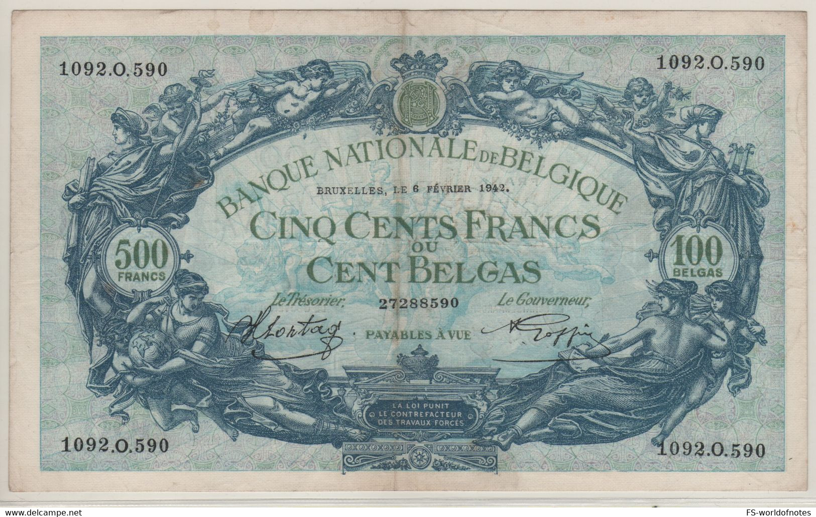 BELGIUM   500 Francs- 100 Belgas P109   Dated  06-02-42    ( Allegorical Women - Men - Angels ) - 500 Franchi-100 Belgas