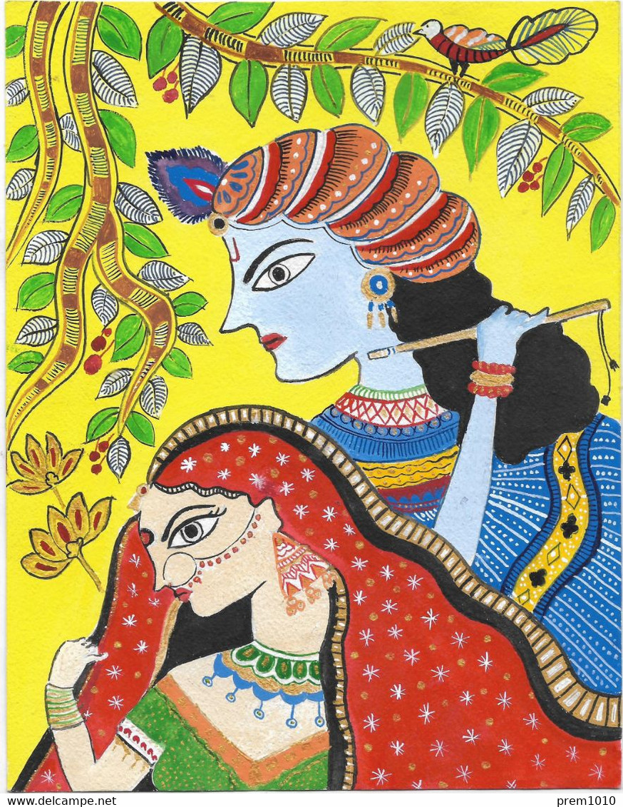 Original Painting-  Radha And Krishna- Acrylic Hand-painting On Art Paper- Indian- Madhubani Style Art Work By Neema - Acrylic Resins