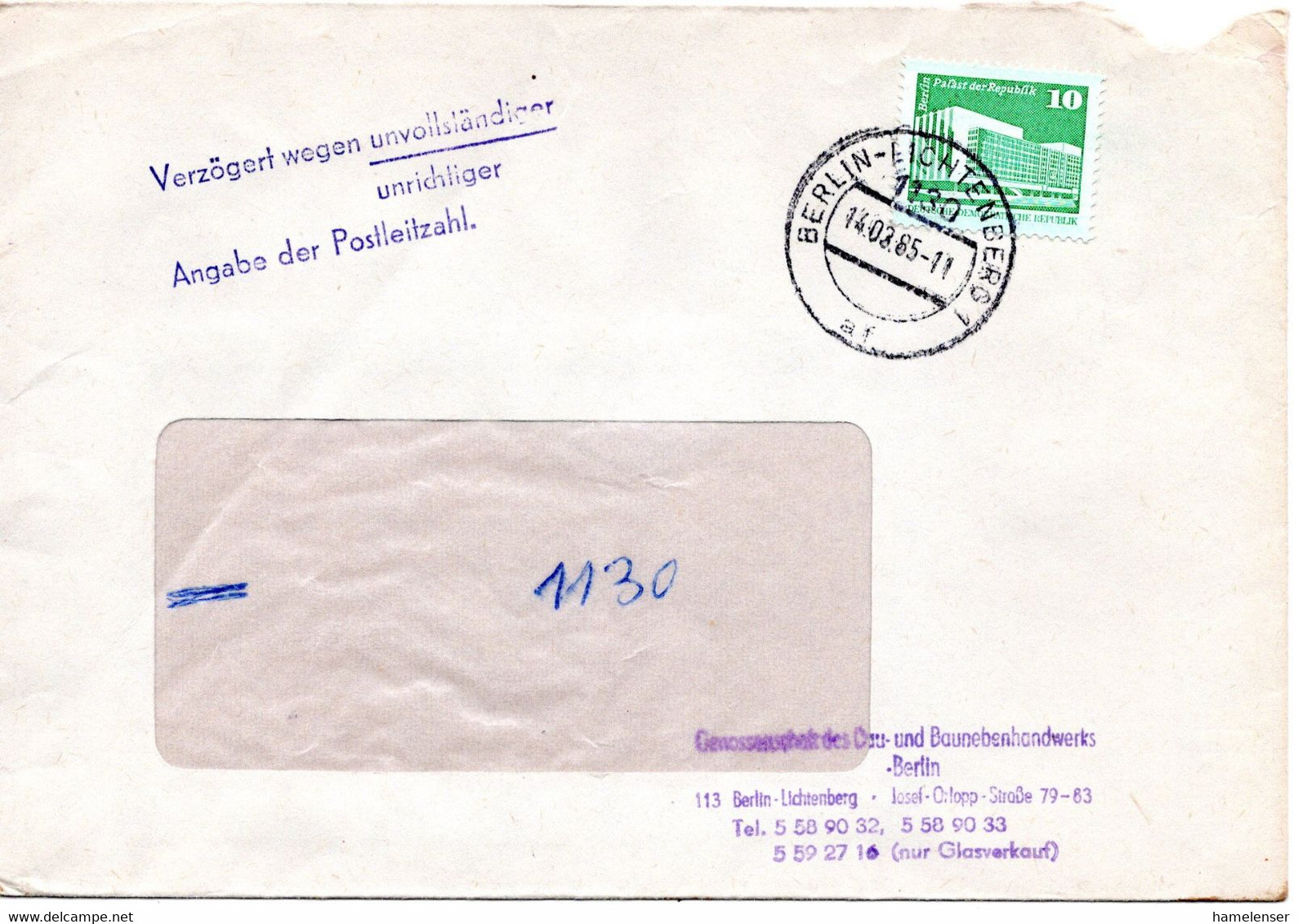 63348 - DDR - 1985 - 10Pfg Kl.Bauten EF A Orts-FensterBf BERLIN, M Stpl "Verzoegert Wegen ... Unrichtiger Angabe ..." - Covers & Documents