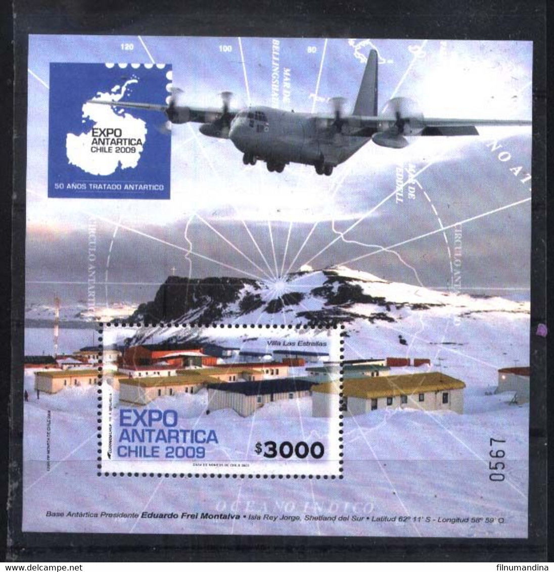 #2512 CHILE 2009 ANTARCTICA 50°YEARS ANTARCTIC TREATY STATION AIRPLANE MAP S/SHEET YV BL 78 MNH - Trattato Antartico
