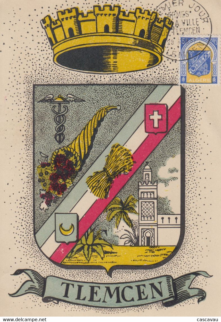 Carte  Maximum   1er   Jour    ALGERIE    Armoiries  De   TLEMCEN   1957 - Maximumkarten