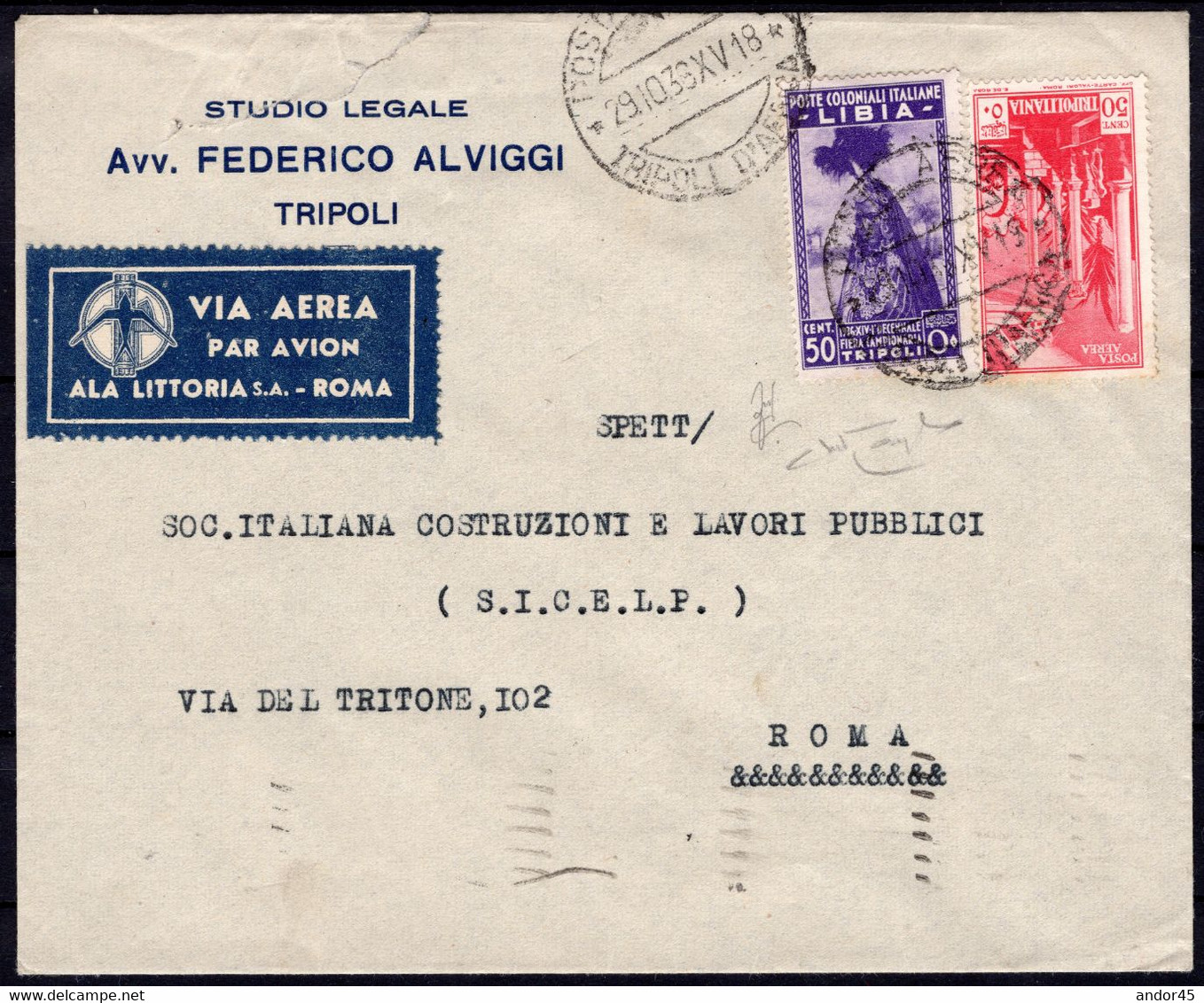 1938 29 OTT LIBIA AEROGRAMMA VIA ALA LITTORIA DA TRIPOLI PER ROMA COL C.50 10^ FIERA DI TRIPOLI SASS 138+C.50 POSTA AERE - Libyen