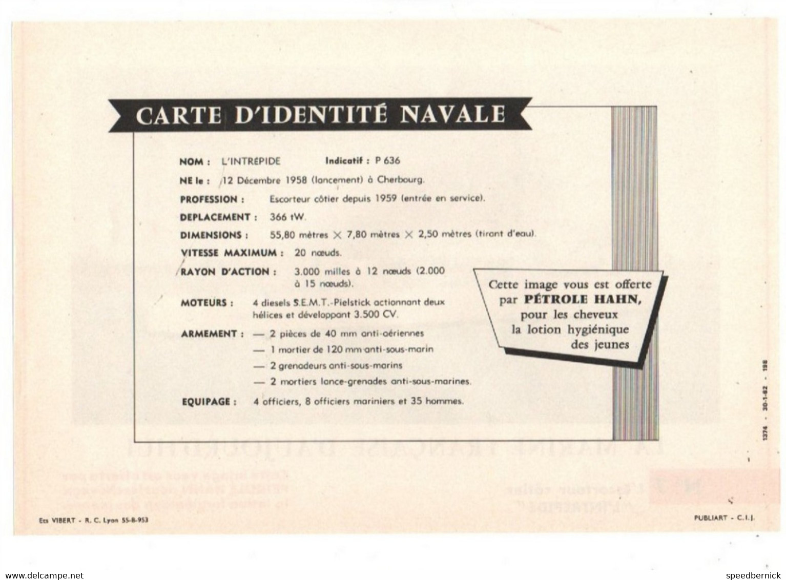 LA MARINE FRANCAISE AUJOURD'HUI N° 7 Escorteur Côtier L'INTREPIDE -Publicité Pétrole Hahn -1962 - Barcos