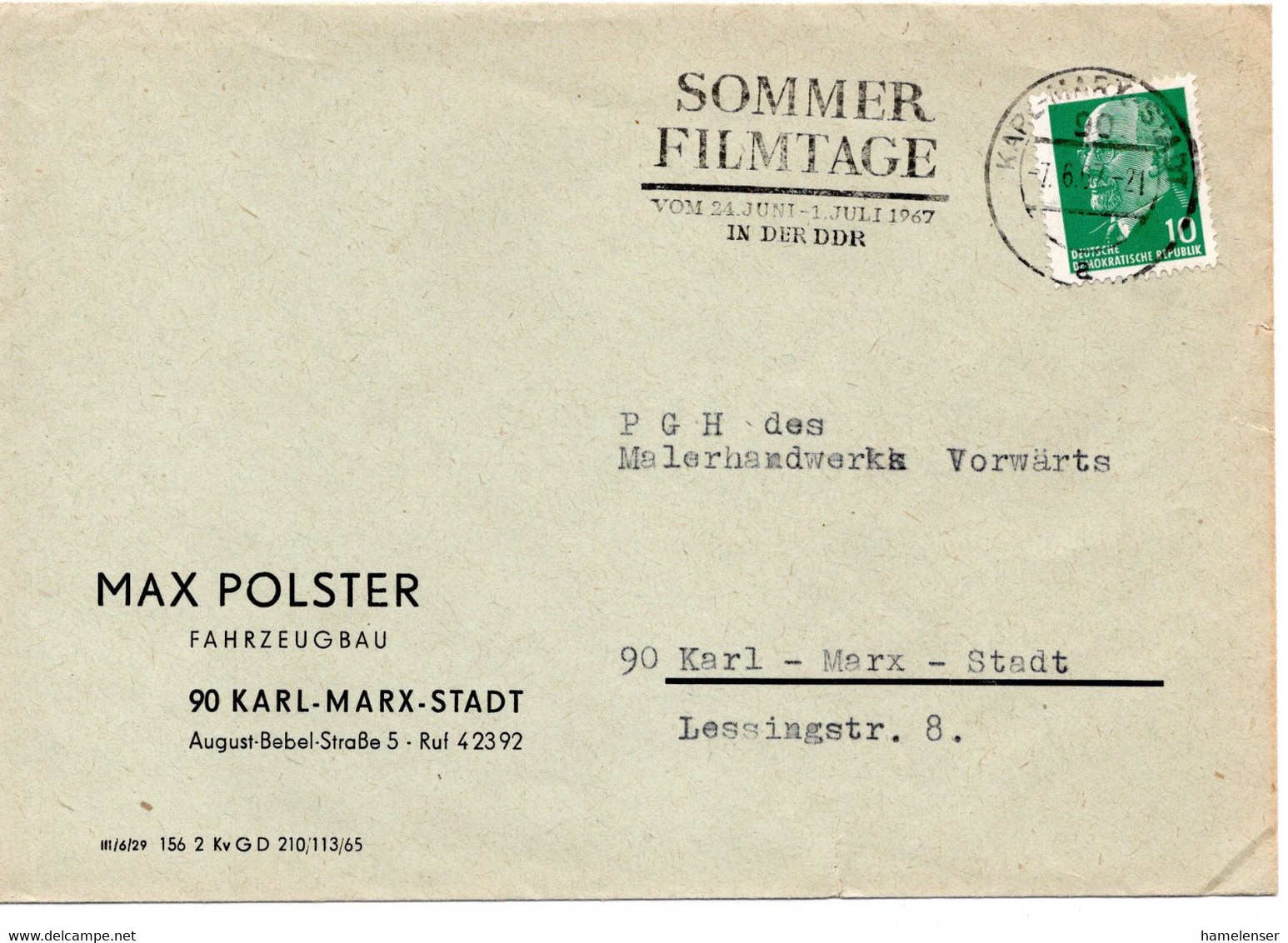 63358 - DDR - 1967 - 10Pfg Ulbricht A OrtsBf KARL-MARX-STADT - SOMMER FILMTAGE ... - Kino