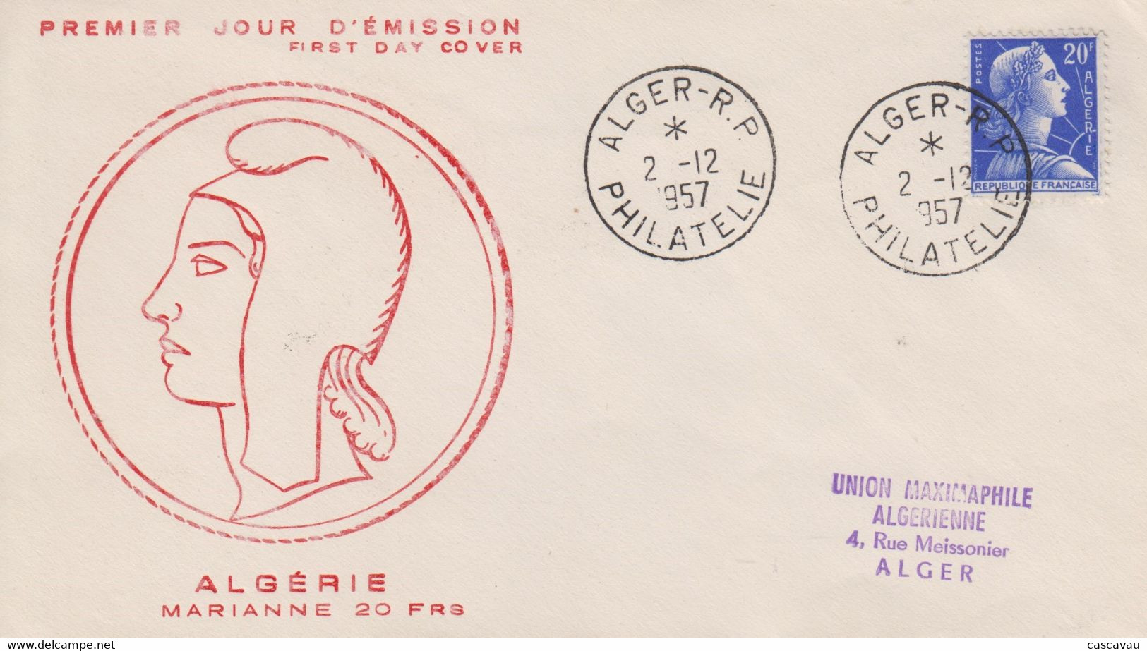 Enveloppe  FDC   1er  Jour   ALGERIE    MARIANNE  De   MULLER     ALGER   PHILATELIE   1957 - FDC