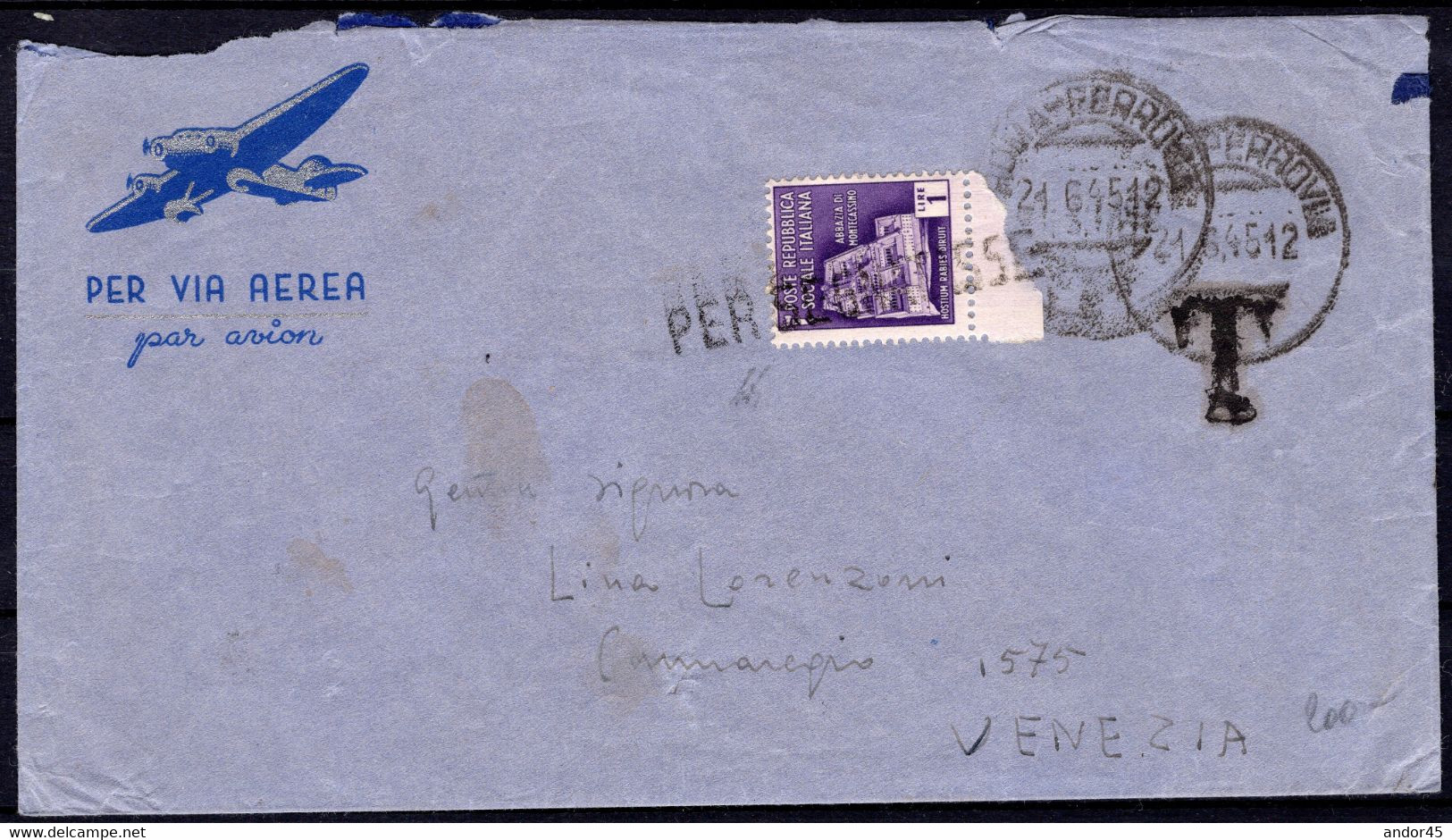 1945 24 GIU AFFRANCATURE IN EMERGENZA AEROGRAMMA INTERNO DA ROMA PER VENEZIA NON AFFRANCATO E TASSATO PER L.1 COL L.1 MO - Airmail