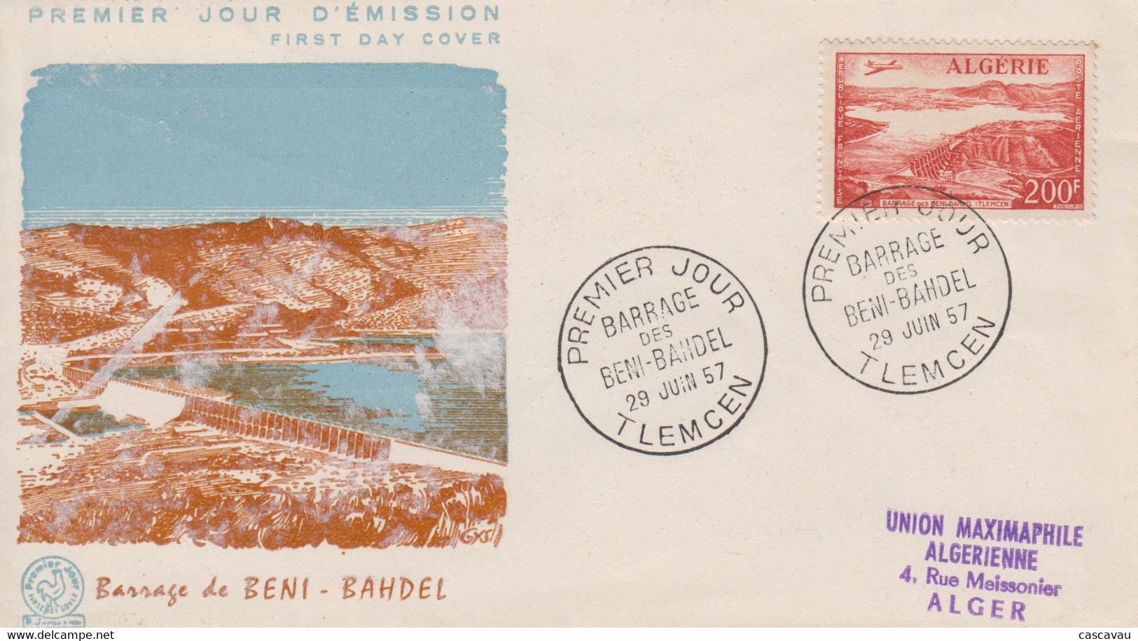 Enveloppe  FDC  1er  Jour  ALGERIE   Barrage   Des   BENI - BAHDEL   TLEMCEN   1957 - FDC