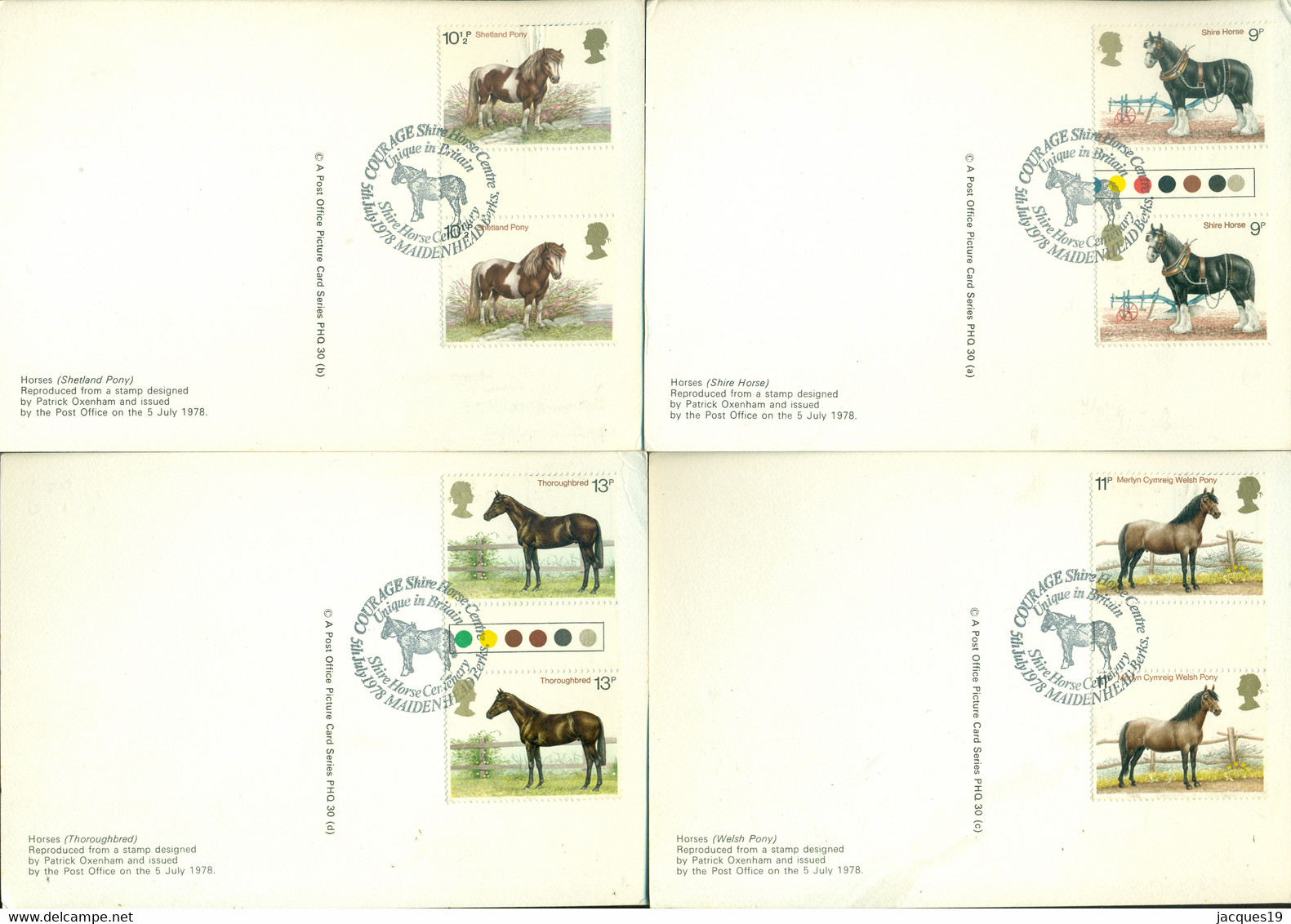 Great Britain 1978 Maximumcards (4) Horses SG 1063-1066 Gutter Pairs - Maximumkaarten