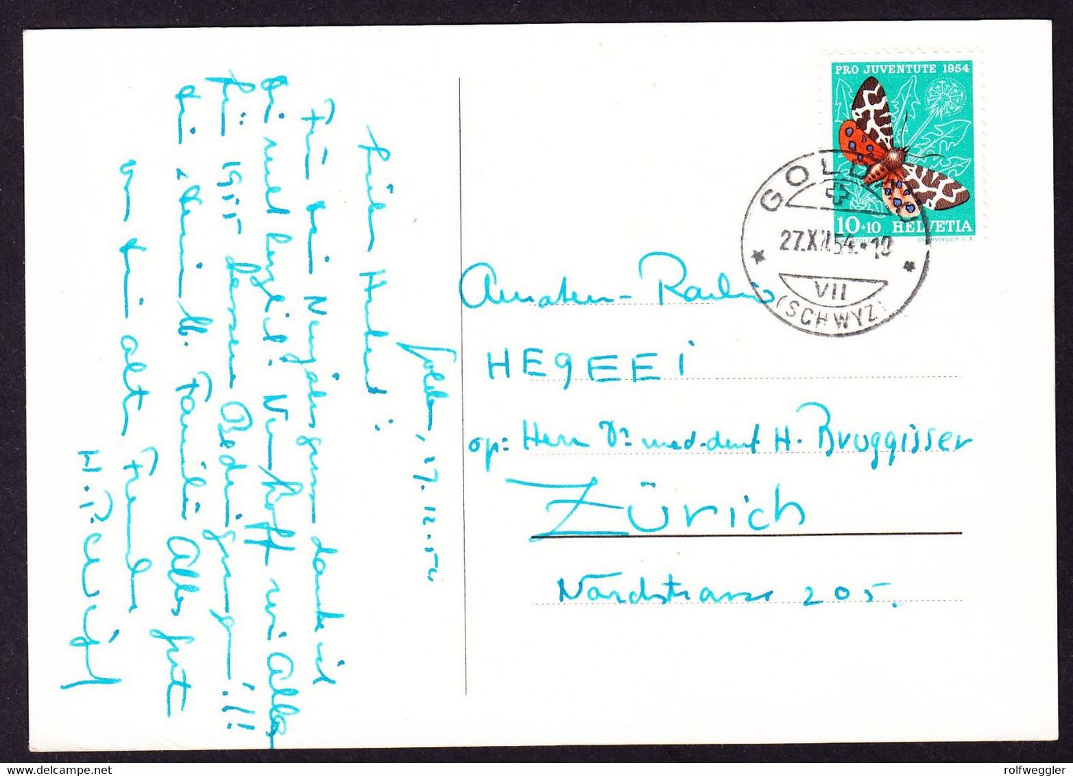 1954 Stempel GOLDAU Mit Juventute Marke (Brauner Bär) Auf Funkerkarte. - Télégraphe