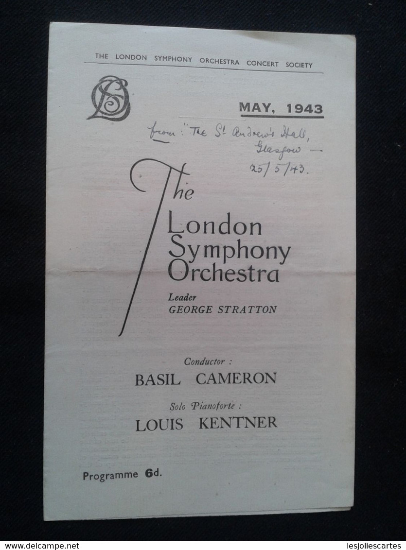 LOUIS KENTNER PIANIST PIANISTE KLAVIER PIANO BASIL CAMERON CONDUCTOR DIRIGENT LSO CONCERT PROGRAMME PROGRAM - Programme