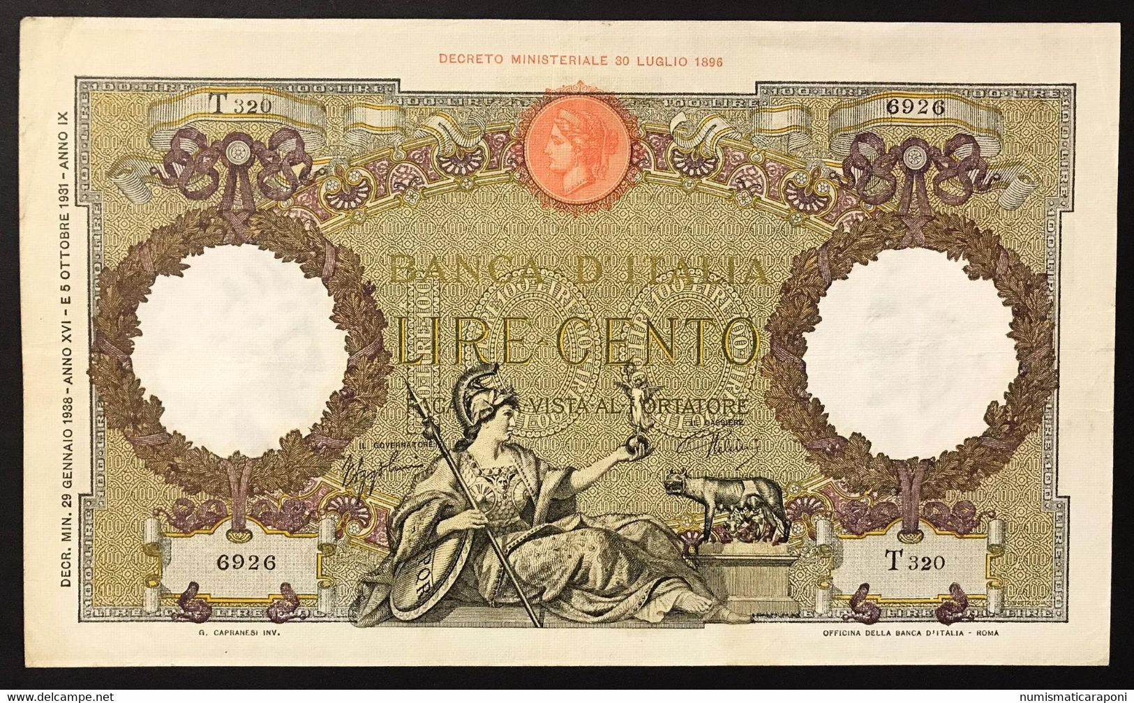 100 Lire Roma Guerriera Roma Fascio 29 01 1938 Bel Bb Naturale   LOTTO 3896 - 100 Lire