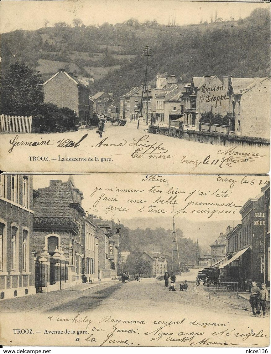 TROOZ   2 CARTES  AVENUE ET DESCENTE DE LA GARE    ( ECRITE  1904 ) - Trooz