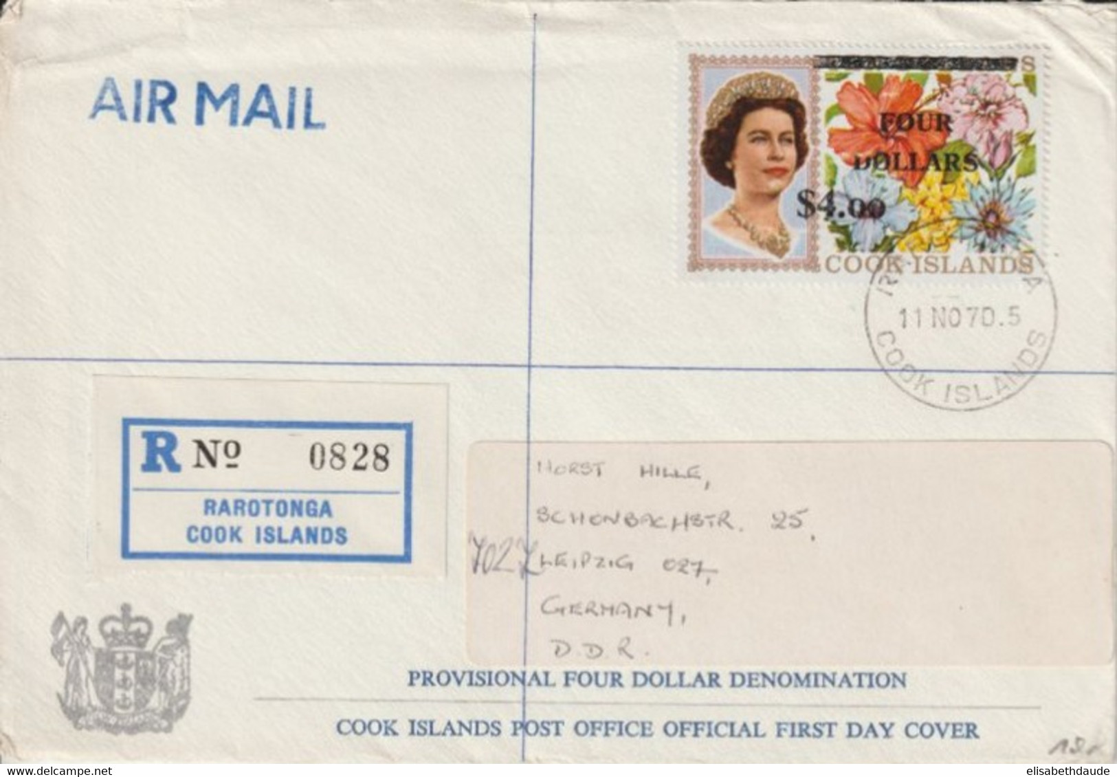 COOK - 1970 - ENVELOPPE RECOMMANDEE De RAROTONGA => LEIPZIG - FLORE - Islas Cook
