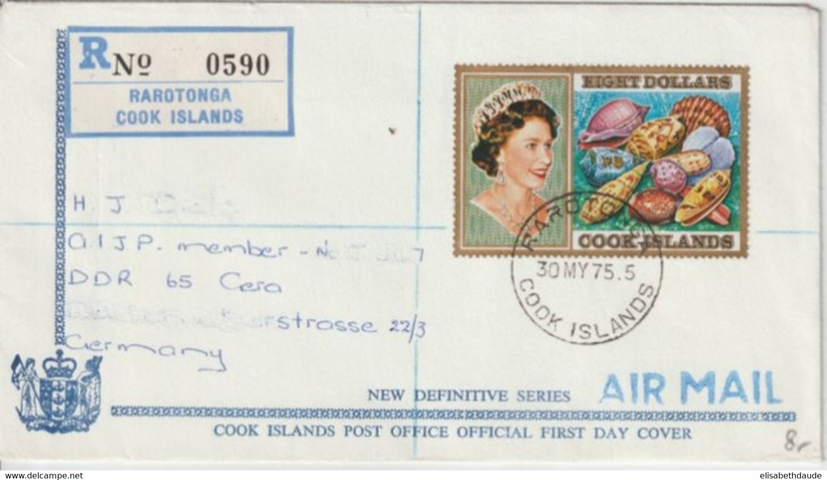 COOK - 1975 - ENVELOPPE RECOMMANDEE De RAROTONGA => DDR - COQUILLAGES - Cook Islands