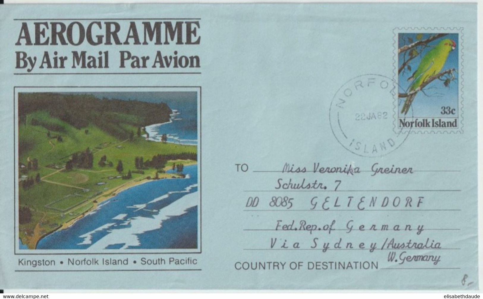 NORFOLK - 1982 - OISEAUX - LETTRE AEROGRAMME => GELTENDORF Via AUSTRALIE - Isla Norfolk