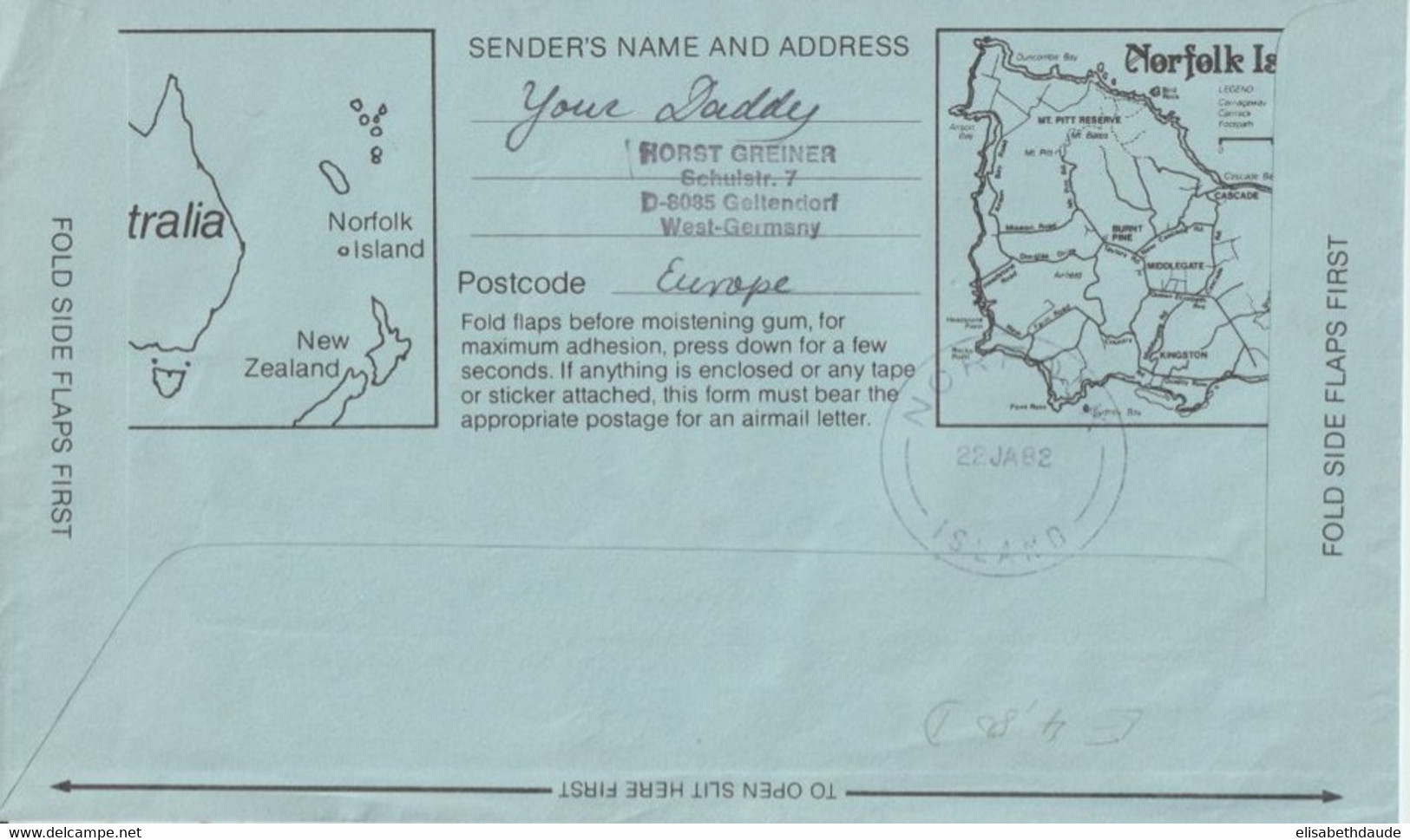 NORFOLK - 1982 - OISEAUX - LETTRE AEROGRAMME => GELTENDORF Via AUSTRALIE - Norfolk Eiland