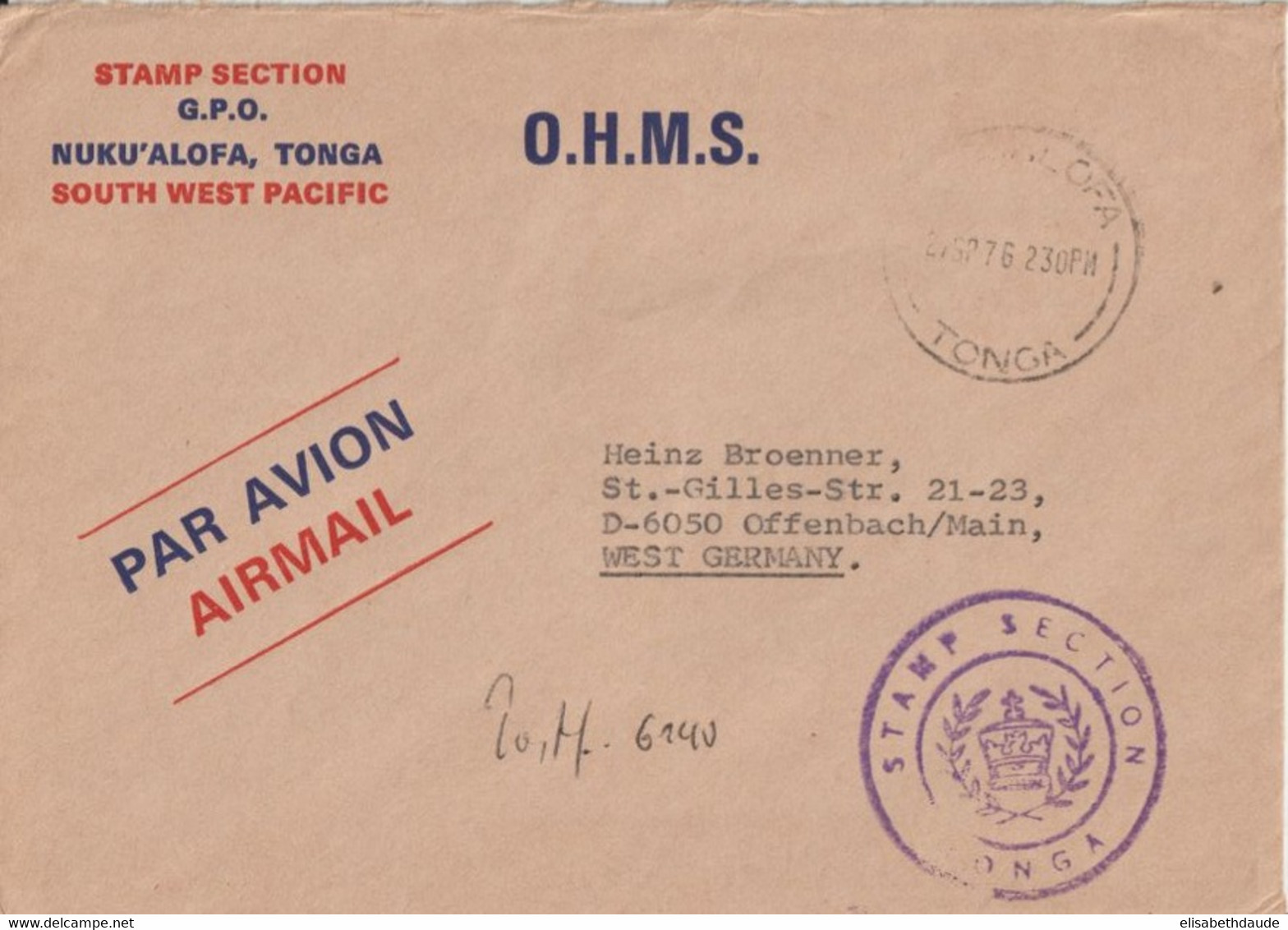 TONGA - 1976 - ENVELOPPE De SERVICE OHMS => OFFENBACH - Tonga (1970-...)