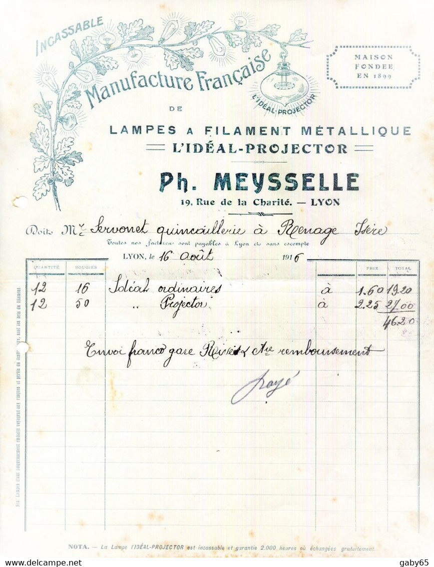 FACTURE.69.LYON.MANUFACTURE FRANÇAISE DE LAMPES A FILAMENT METELLIQUE " L'IDEAL PROJECTOR.PH.MEYSSELLE. - Elektrizität & Gas