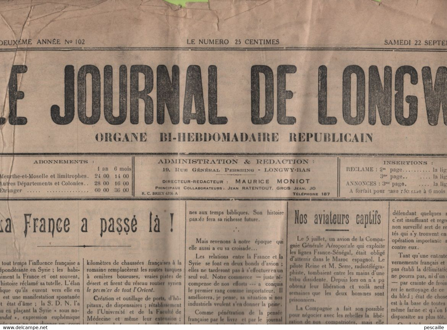 LE JOURNAL DE LONGWY 22 09 1928 - SYRIE - AVIATEURS AEROPOSTALE CAPTIFS MAROC ESPAGNOL - ECLAIREURS DE FRANCE - COSNES . - Testi Generali