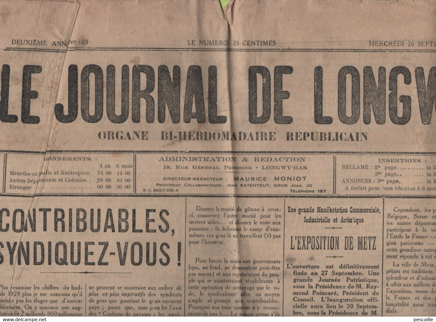 LE JOURNAL DE LONGWY 26 09 1928 - CONTRIBUABLES - EXPOSITION DE METZ - ECLAIREURS DE FRANCE - VILLERUPT - RAMON NOVARRO - Algemene Informatie