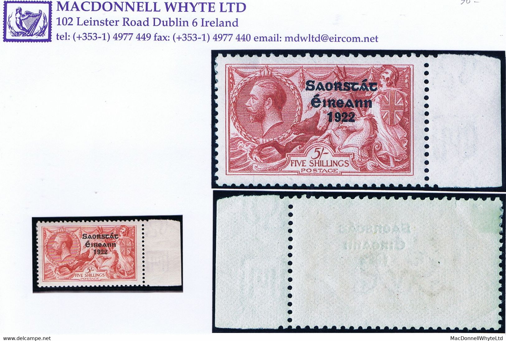 Ireland 1925 Narrow Date Saorstat Ovpt On Seahorse 5s Rose-red Fresh Mint Marginal, Lightly Hinged - Ungebraucht