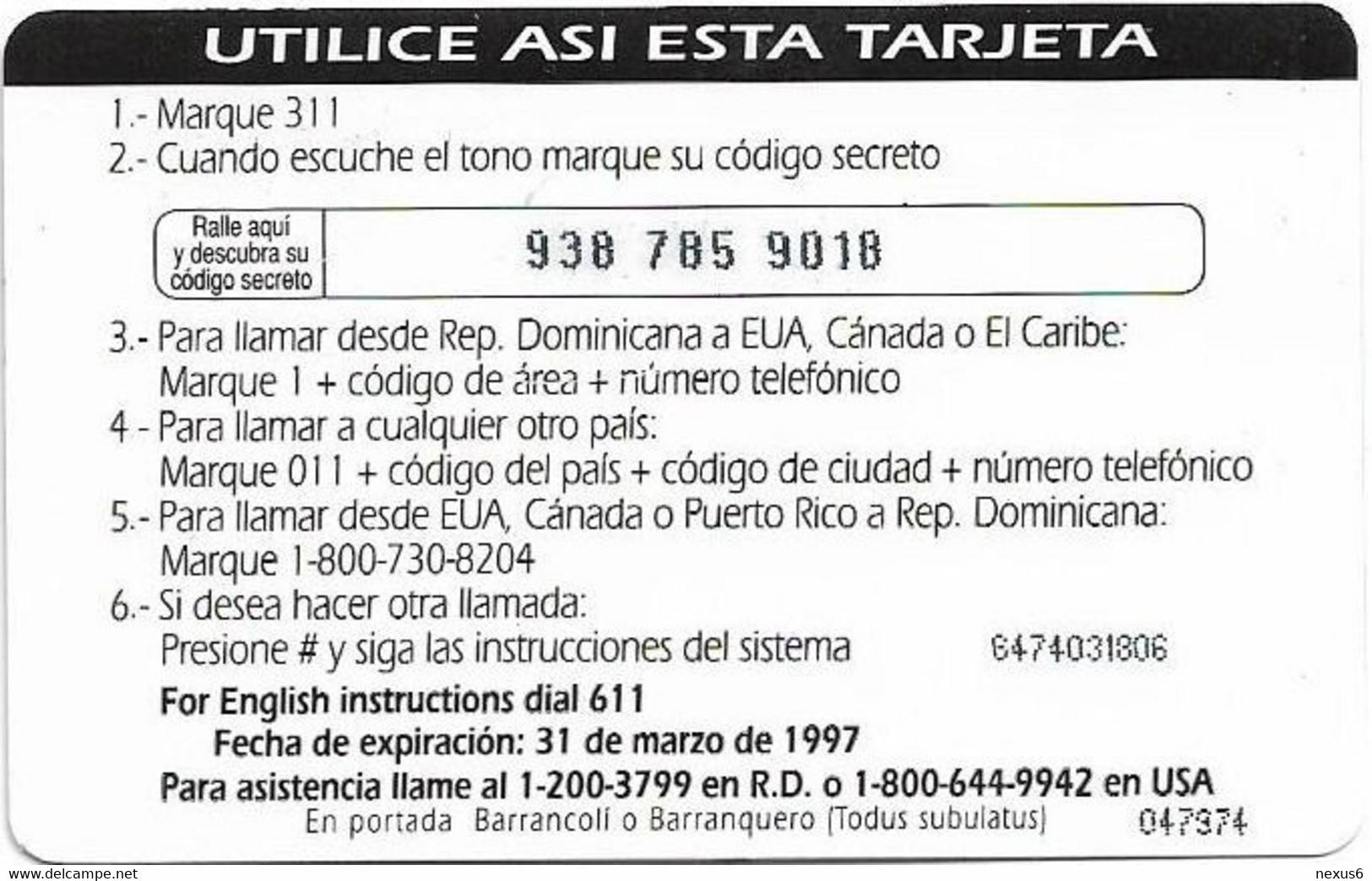 Dominican Rep. - Codetel (ComuniCard) Barranquero Bird, 1996 Edit. - 31.03.1997, Remote Mem. 145$, Used - Dominicana