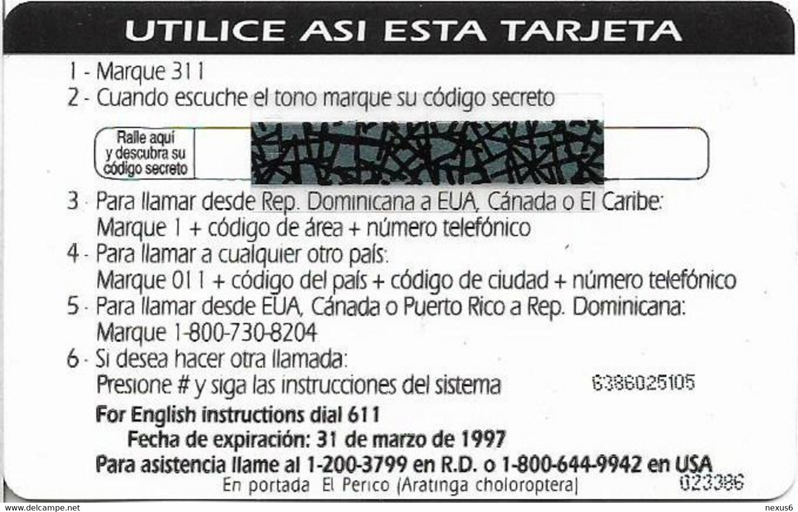 Dominican Rep. - Codetel (ComuniCard) El Perico, 2 Parrots, 1996 Edit. - Exp. 31.03.1997, Remote Mem. 95$, Mint - Dominik. Republik