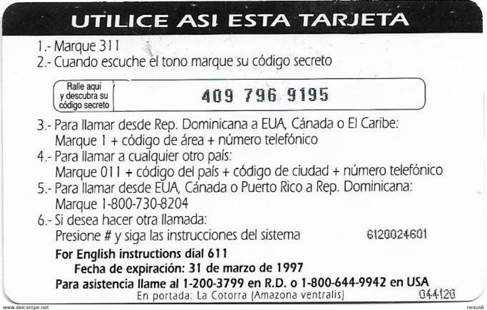 Dominican Rep. - Codetel (ComuniCard) La Cotorra $45, 1996 Edit. - 31.03.1997, Remote Mem. 45$, Used - Dominicana