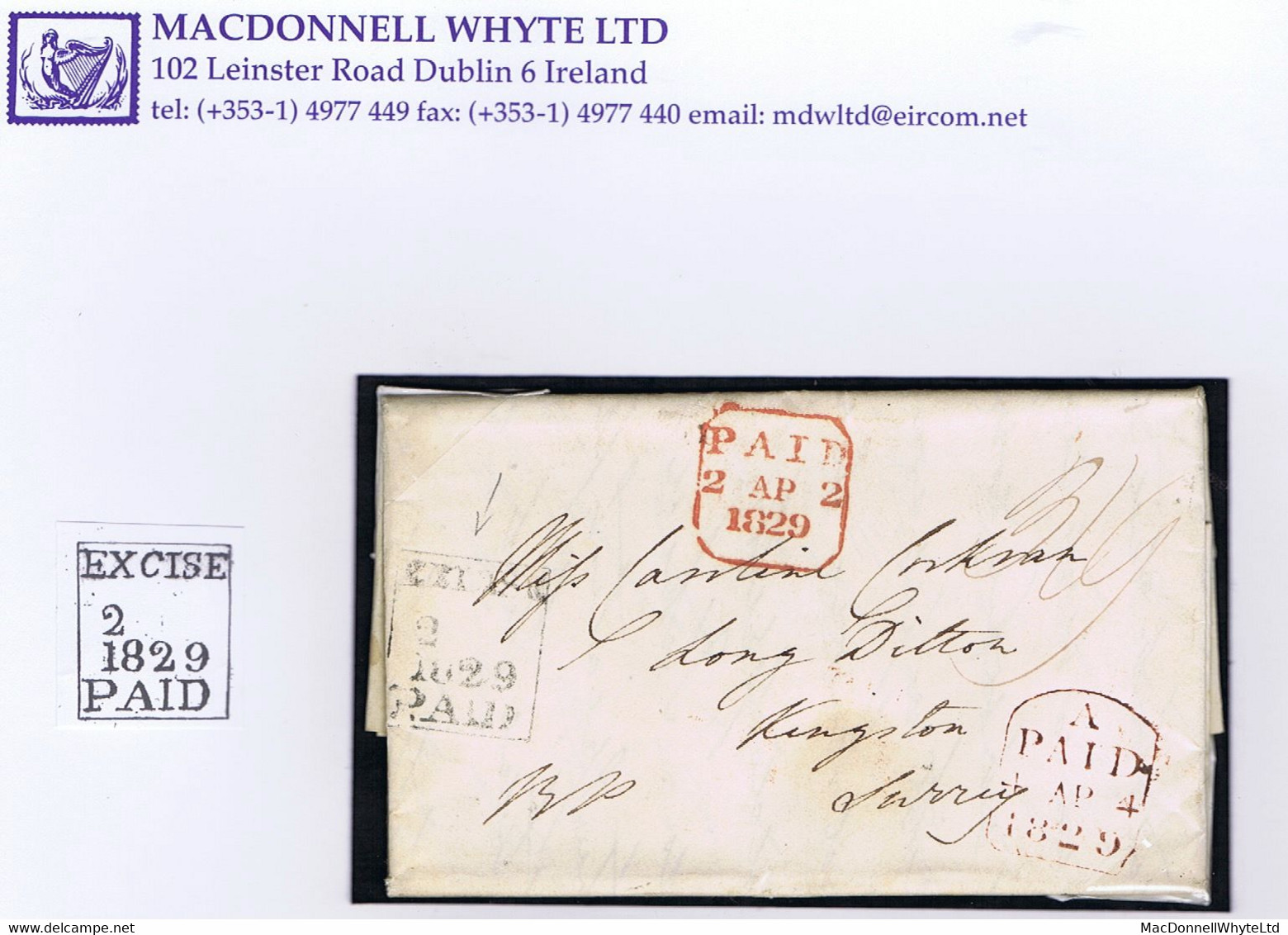 Ireland Departmental Official Mail 1829 Letter To Surrey With The Rare Boxed EXCISE/PAID/2 (AP) 1829 In Black - Préphilatélie