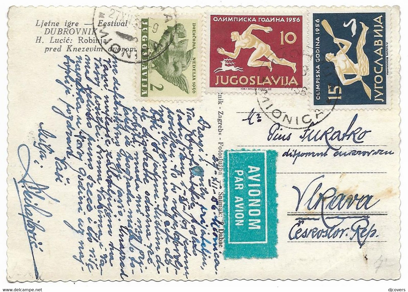 Yugoslavia 1955 Nice Airmail Dubrovnik Picture Postcard To Czechoslovakia 1.yu.65 - Posta Aerea