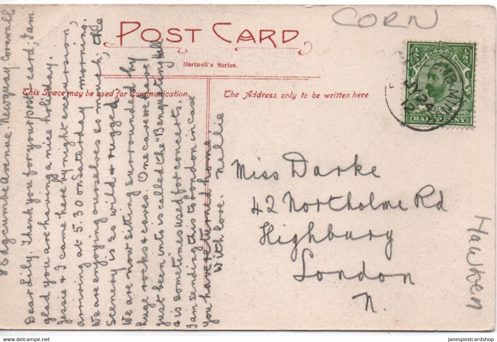 PORTH - NEWQUAY - CORNWALL - WITH GOOD COLUMB MINOR POSTMARK - 1912 - HARTNOLL'S SERIES - - Newquay