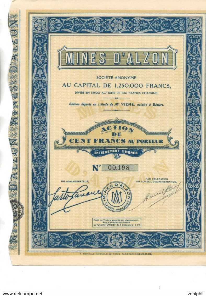 MINES D'ALZON  -BEZIERS   LOT DE 2- ACTION DE 100 FRS - ANNEE 1929 - Mines