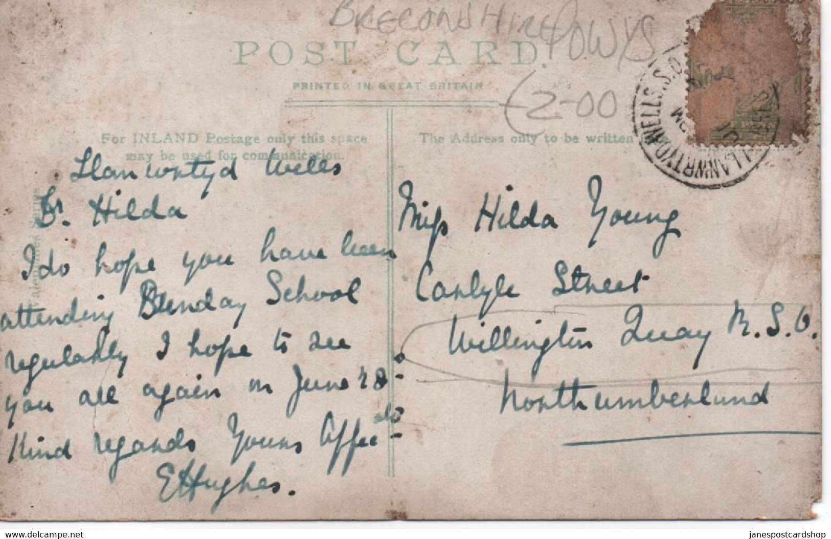 THE PUMP HOUSE LLANWRFYD - POWYS - WALES WITH LLANWRTYD WELLS POSTMARK AND WILLINGTON QUAY R.S.O. NORTHUMBERLAND ADDRESS - Breconshire