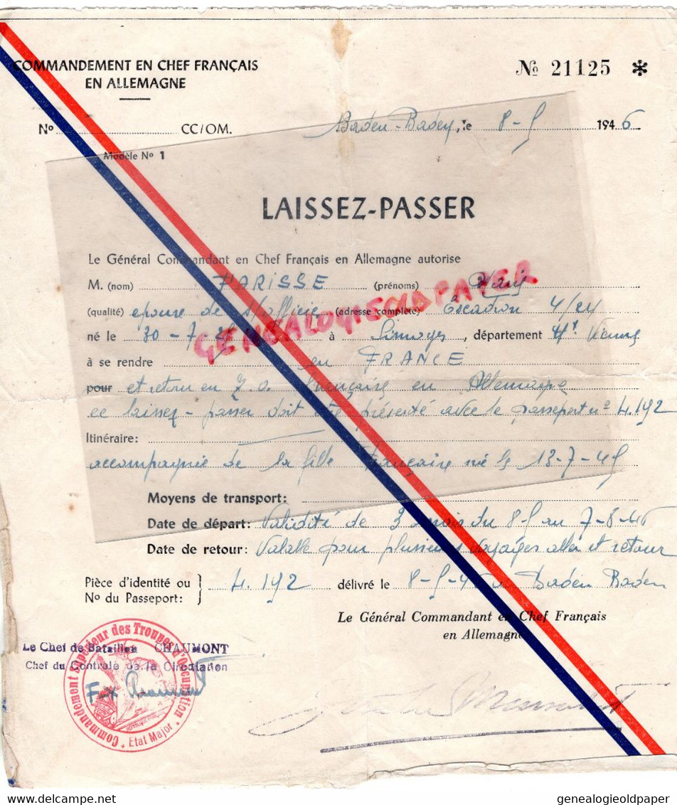 87-LIMOGES-GUERRE 1939-1945- LAISSEZ PASSER FRANCE ALLEMAGNE-BADEN BADEN-1946-MARIE PARISSE ESCADRON 4/24-CHAUMONT - Documentos Históricos