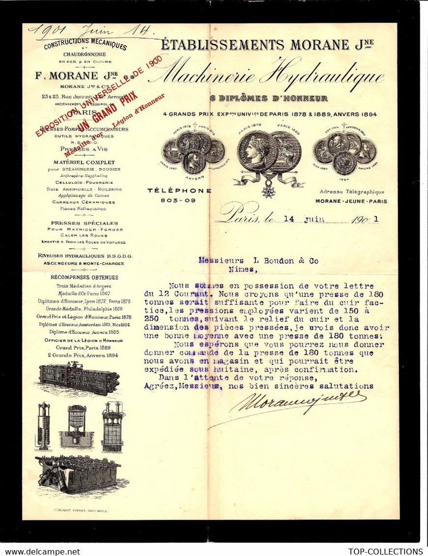 1901 INDUSTRIE CONSTRUCTIONS MECANIQUES MACHINES HYDRAULIQUES  F.MORANE Paris Pour Boudon à Nimes B.E. V.SCANS - 1900 – 1949