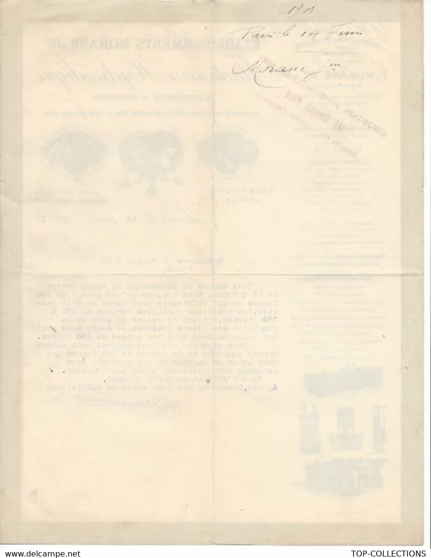 1901 INDUSTRIE CONSTRUCTIONS MECANIQUES MACHINES HYDRAULIQUES  F.MORANE Paris Pour Boudon à Nimes B.E. V.SCANS - 1900 – 1949