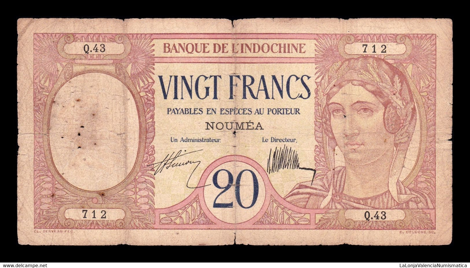 Nueva Caledonia New Caledonie 20 Francs ND (1929) Pick 37a Bc F - Nouméa (Nieuw-Caledonië 1873-1985)