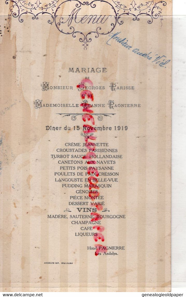 27- LES ANDELYS- MENU HOTEL PAGNIERRE- MARIAGE GEORGES PARISSE ET JEANNE PAGNIERRE-15 NOVEMBRE 1919- ANDRE VIEL - Menükarten